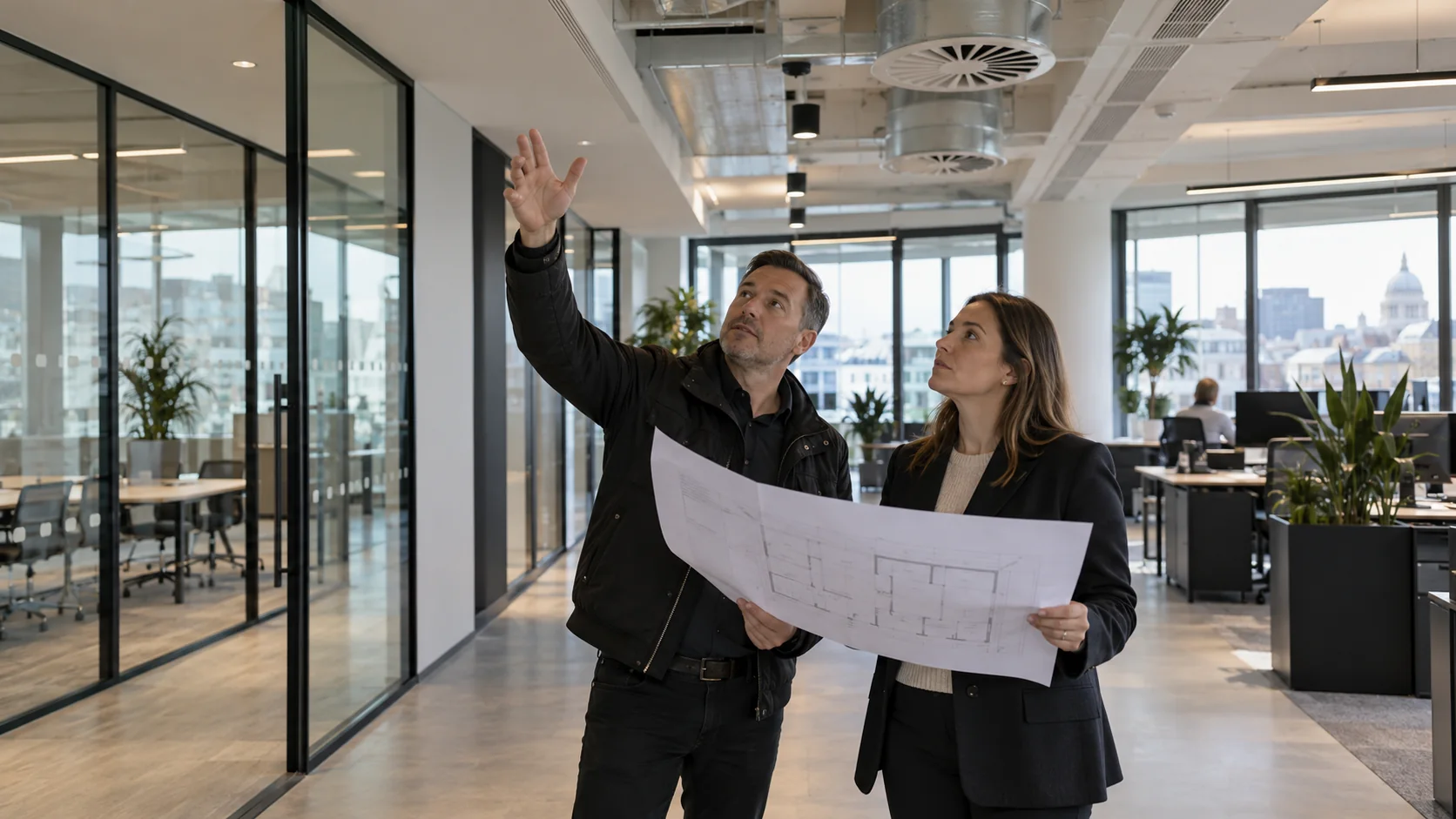 Energy assessor and manager reviewing a floor plan in a multi-let London office