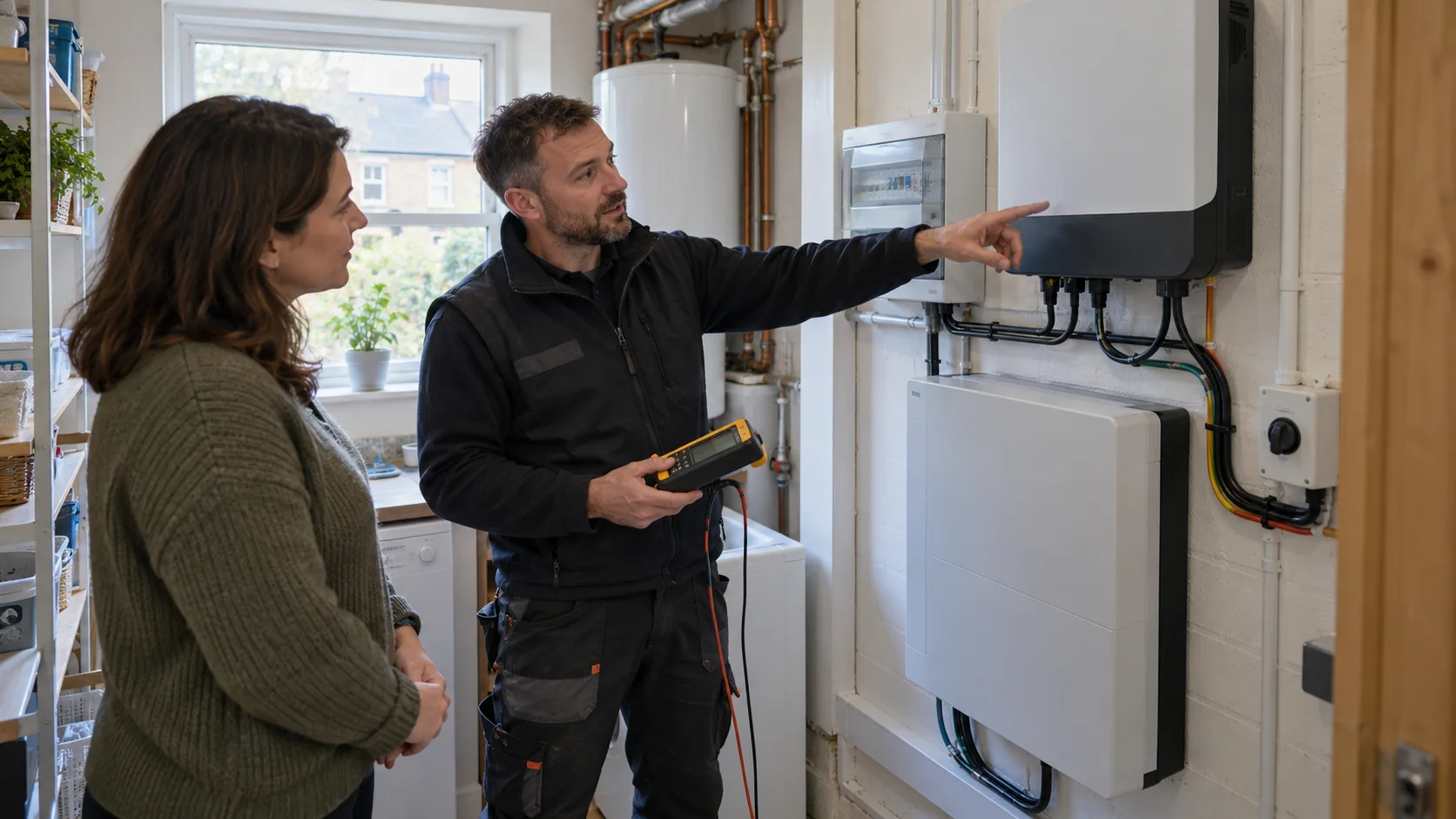 Electrician discussing closed solar inverter and battery equipment in a London rental home's utility room
