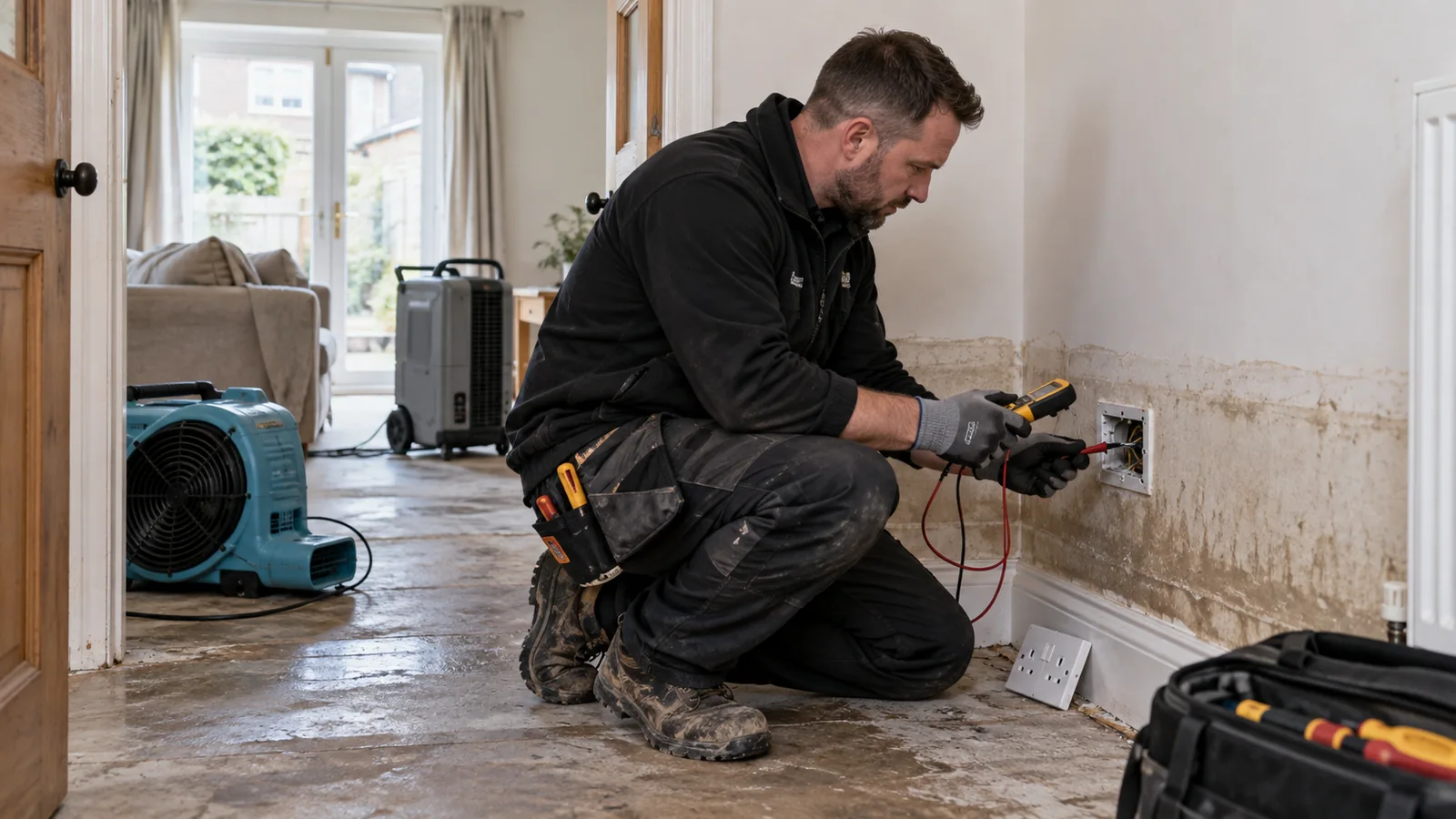 Electrician inspecting a socket in a water-damaged home after flooding