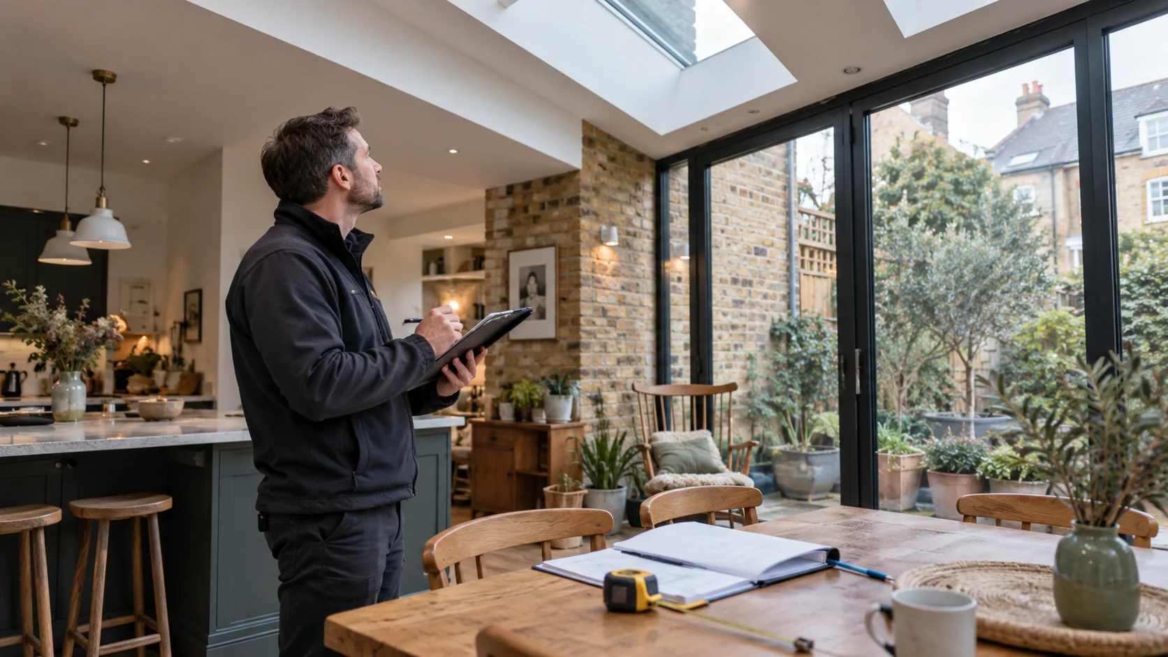 Energy assessor reviewing a newly extended London home beneath rooflights