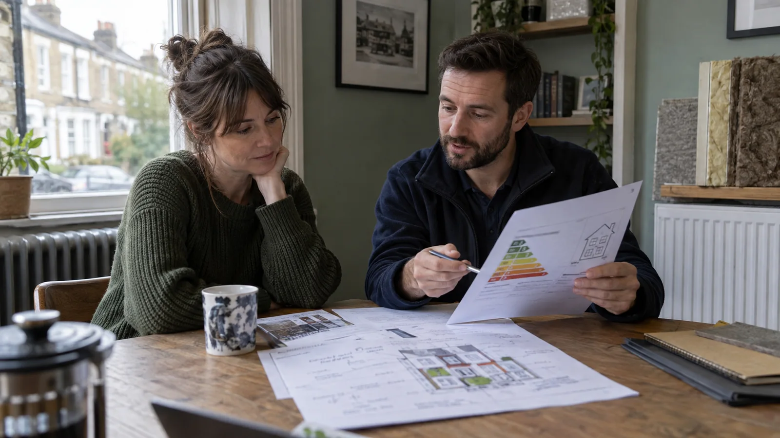 Homeowner and energy professional reviewing an EPC and renovation plans in a London terraced home