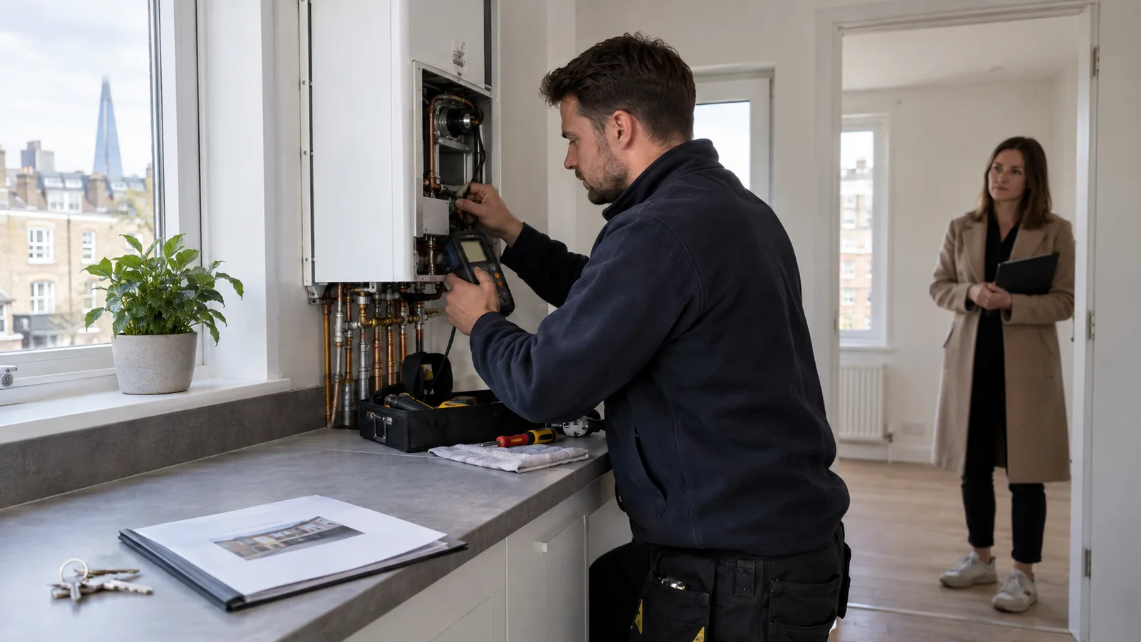 Gas engineer checking a boiler in a vacant rental flat before the next tenancy