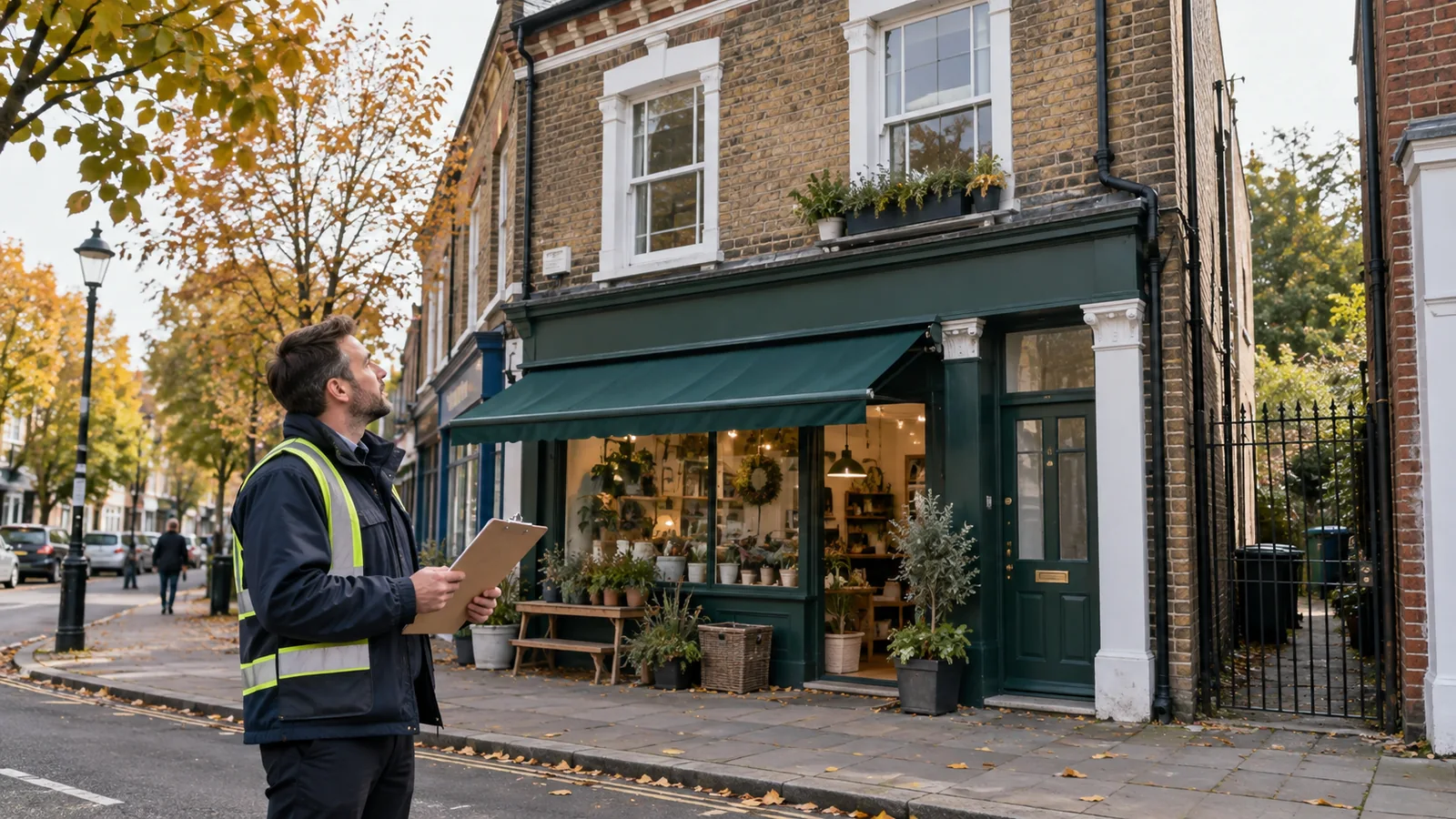 Energy assessor outside a London shop with a separate flat above