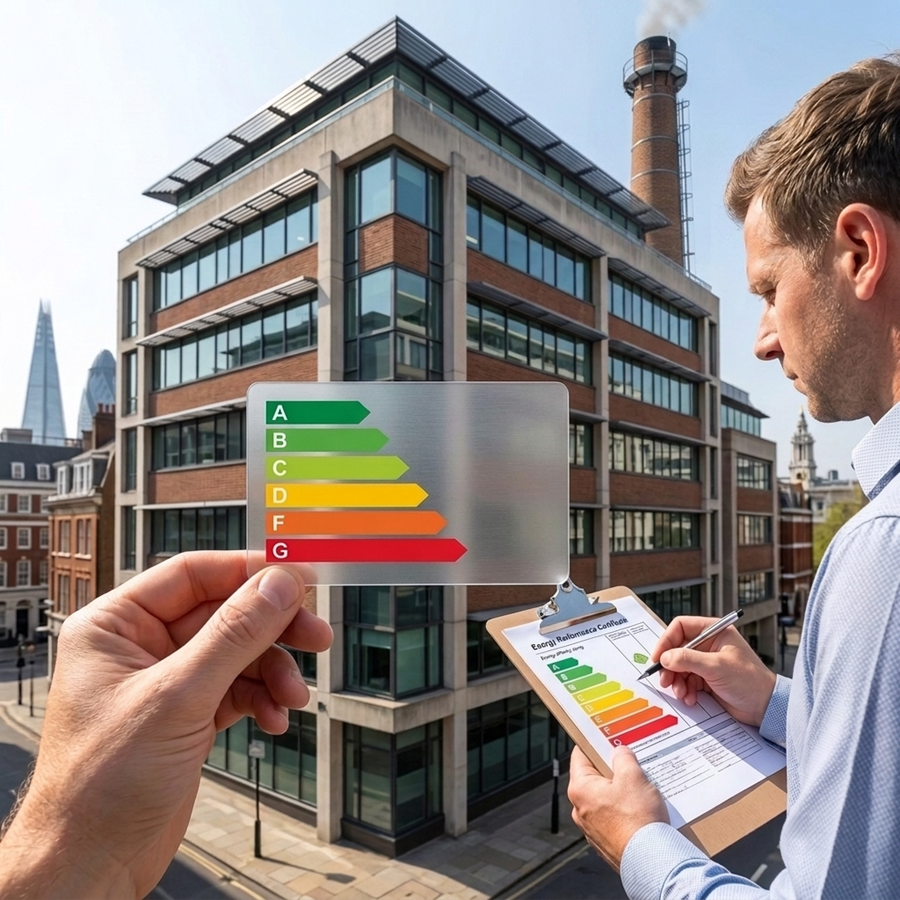 Illustration of a commercial building with an energy rating gauge