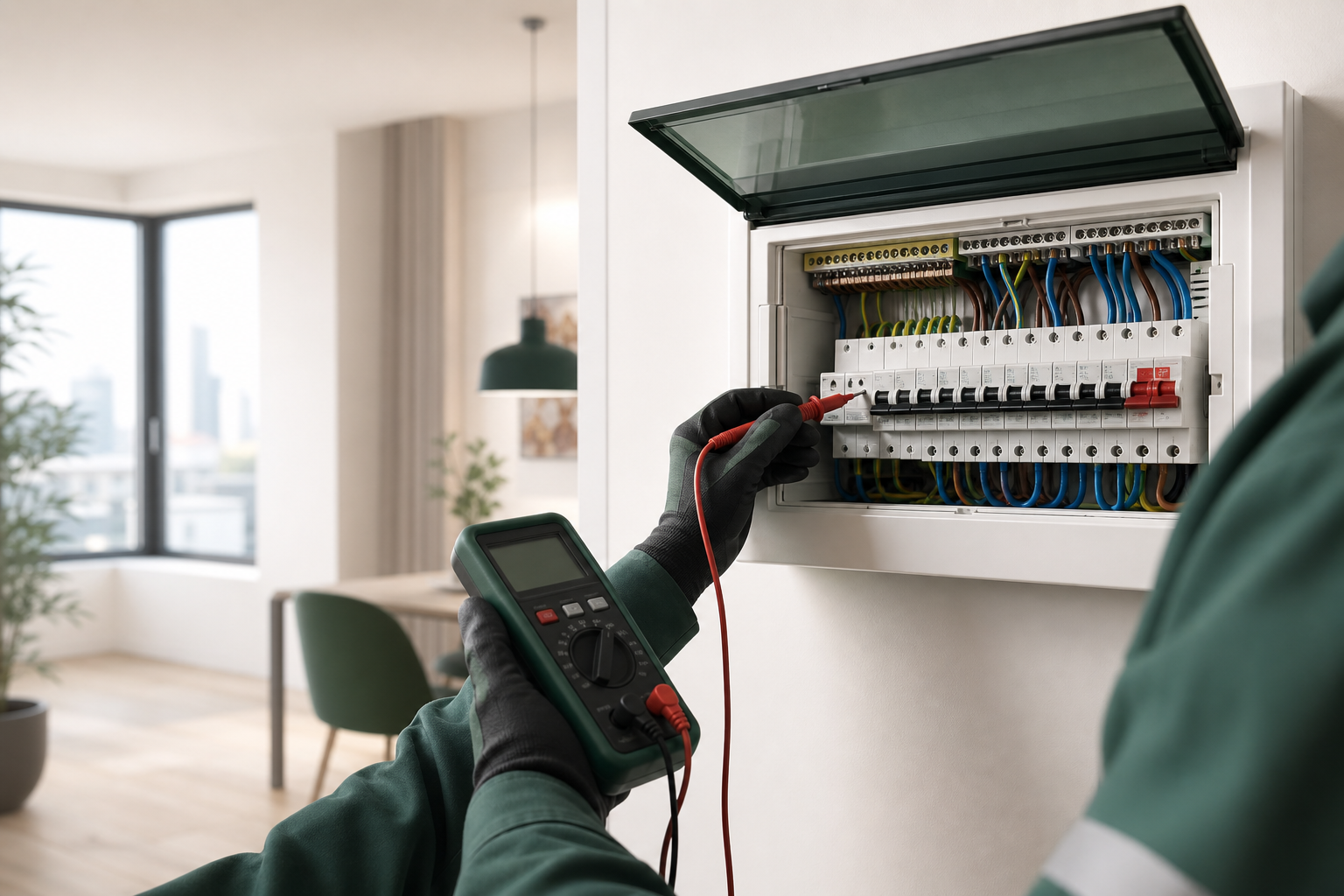 Qualified electrician testing a consumer unit for an EICR